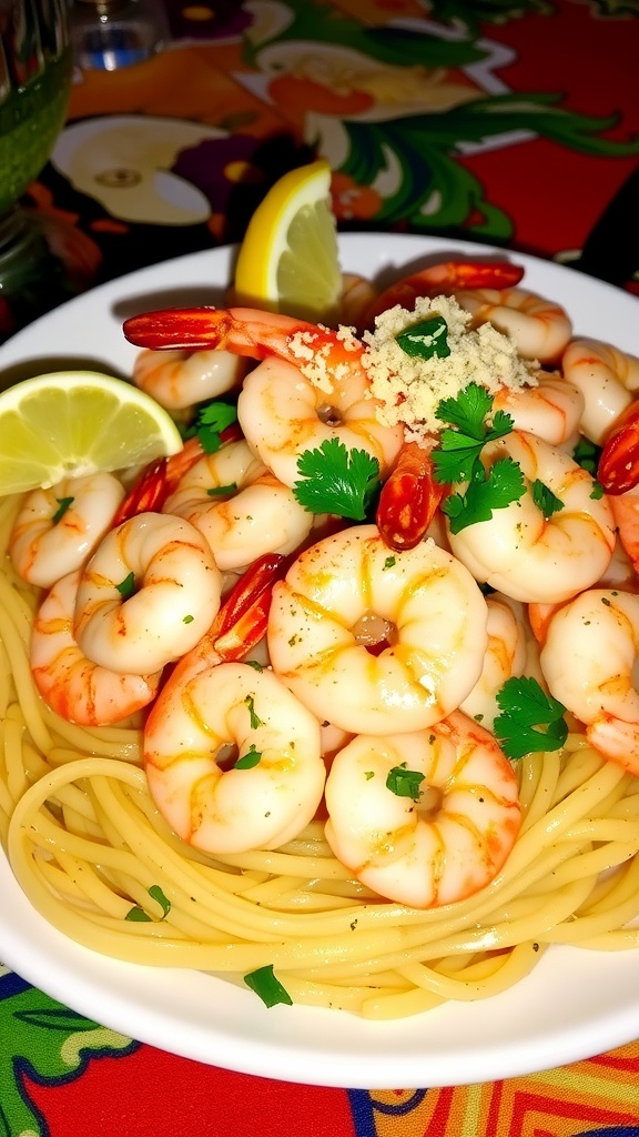 Shrimp scampi with garlic butter sauce over linguine, garnished with parsley and lemon.